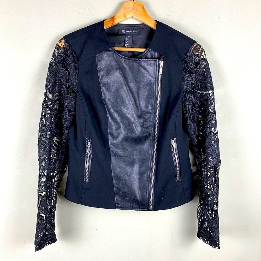 I•N•C:‎ Floral Lace Long Sleeve Faux Leather Asymmetrical Goth Blazer Jacket XS